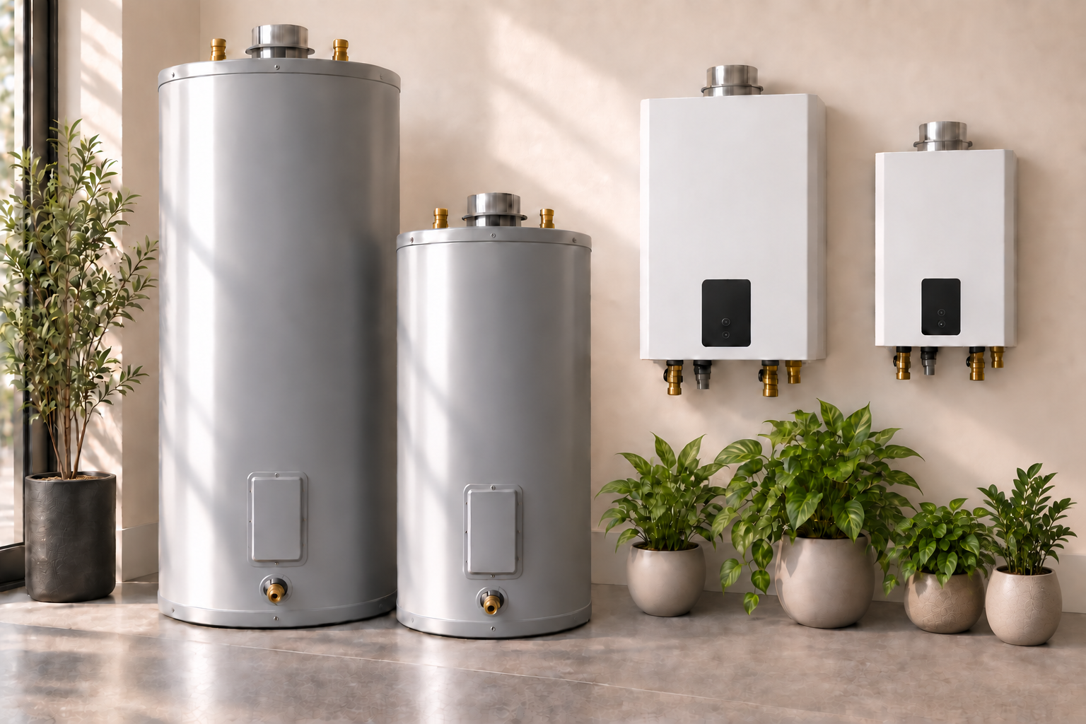 Showroom illustration of two storage tank and two tankless water heaters with plants
